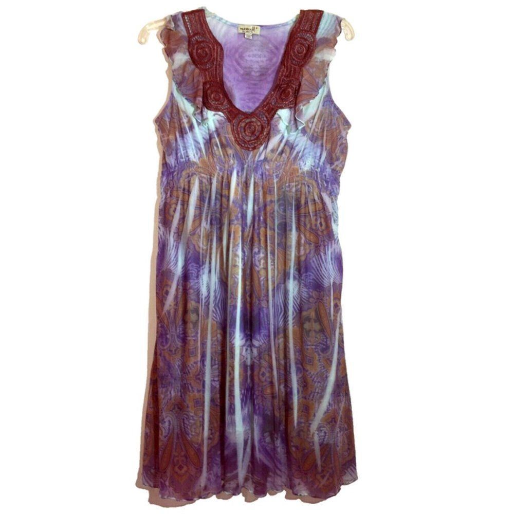 ONE WORLD sz S Sleeveless Boho Lace Rhinestone Relaxed Sublimation Travel Dress